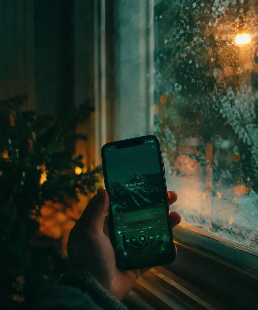 红果短剧完整版 APP 观影画面 用户在冬雪窗前用手机观看红果短剧完整版 APP 的画面